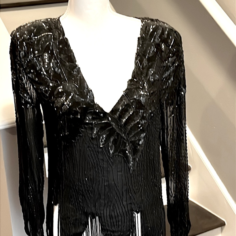 O.R. Silk Fashions Sequins & Beads on this beautiful Black Top. Sz.Sm. 100% Silk